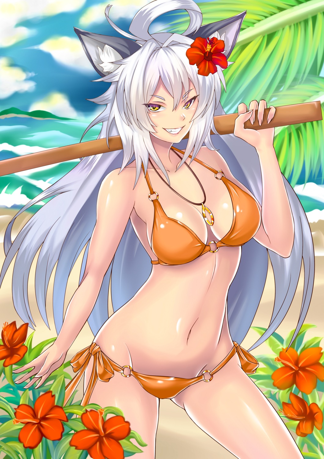 animal_ears bikini cleavage swimsuits sword urukaze