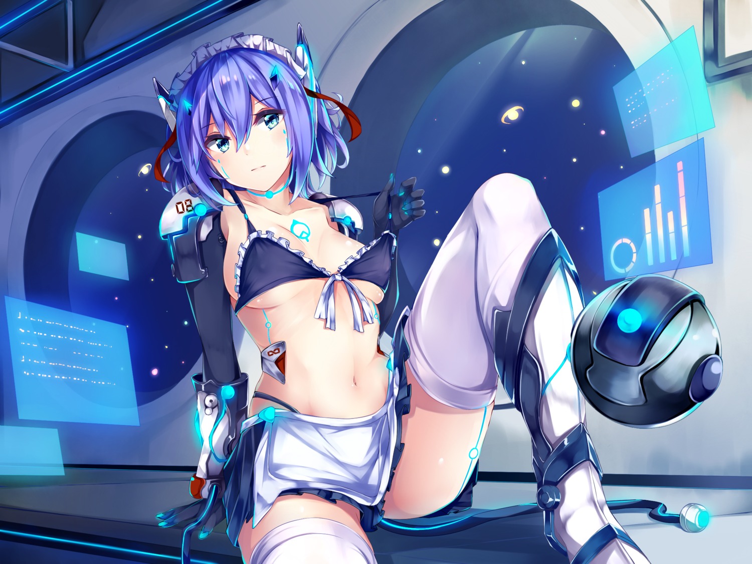 bikini erect_nipples irohasu maid mecha_musume skirt_lift swimsuits tattoo thighhighs undressing