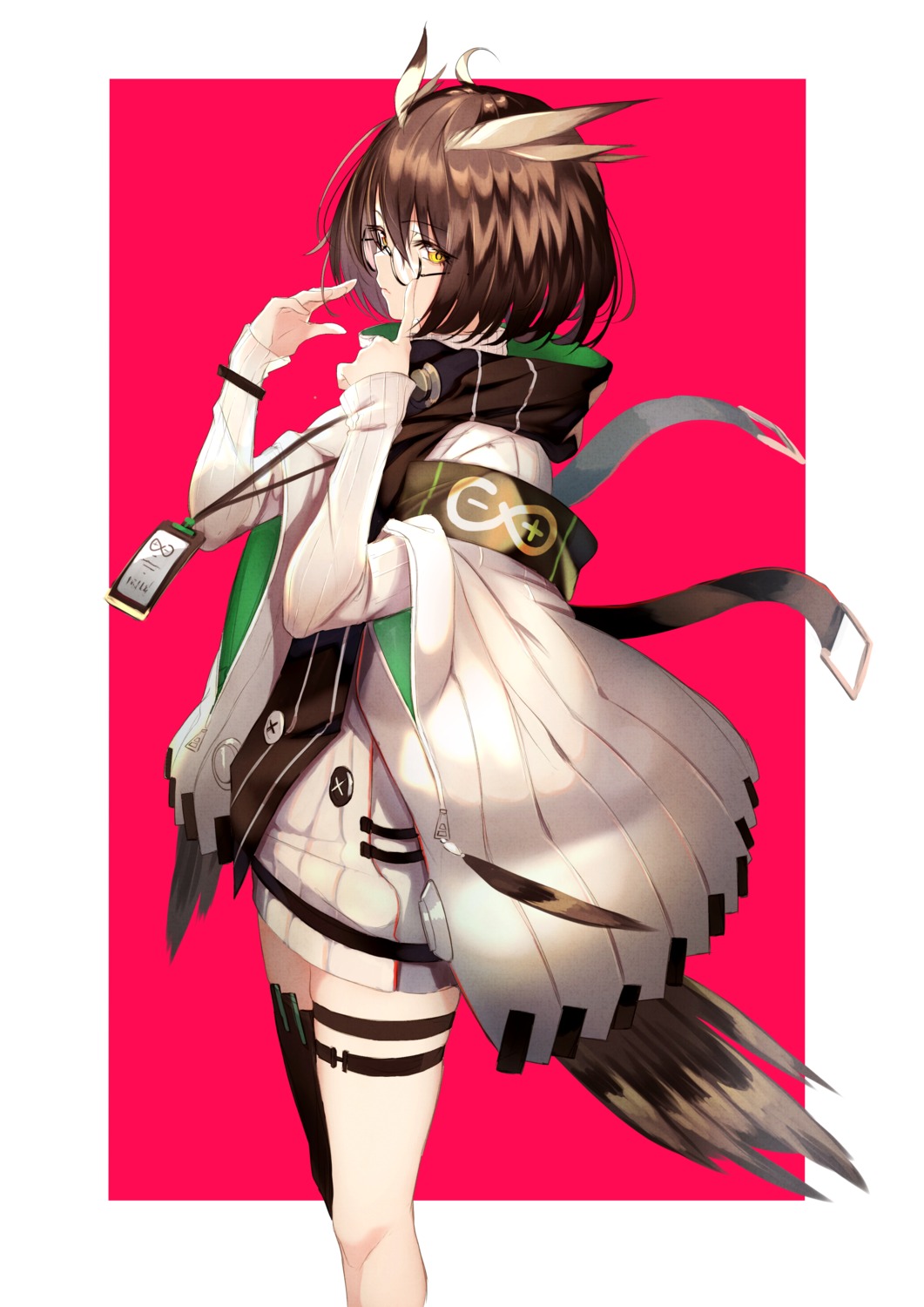 arknights garter lumo_1121 megane silent_(arknights) sweater tail thighhighs weapon