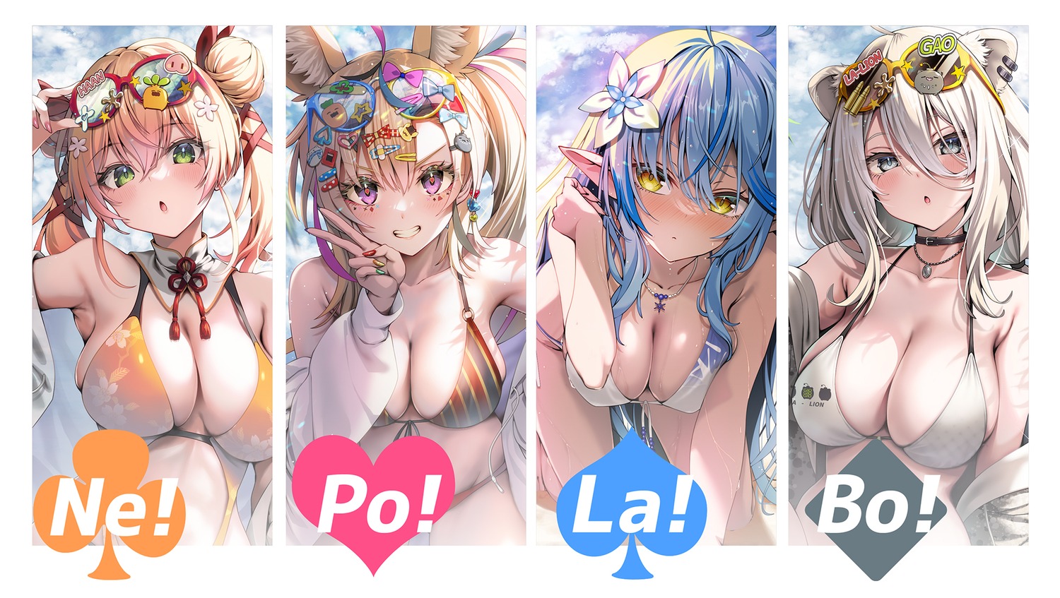 animal_ears bikini bikini_top cleavage elf hololive masaki_(msk064) megane momosuzu_nene omaru_polka open_shirt pointy_ears shishiro_botan swimsuits wet yukihana_lamy