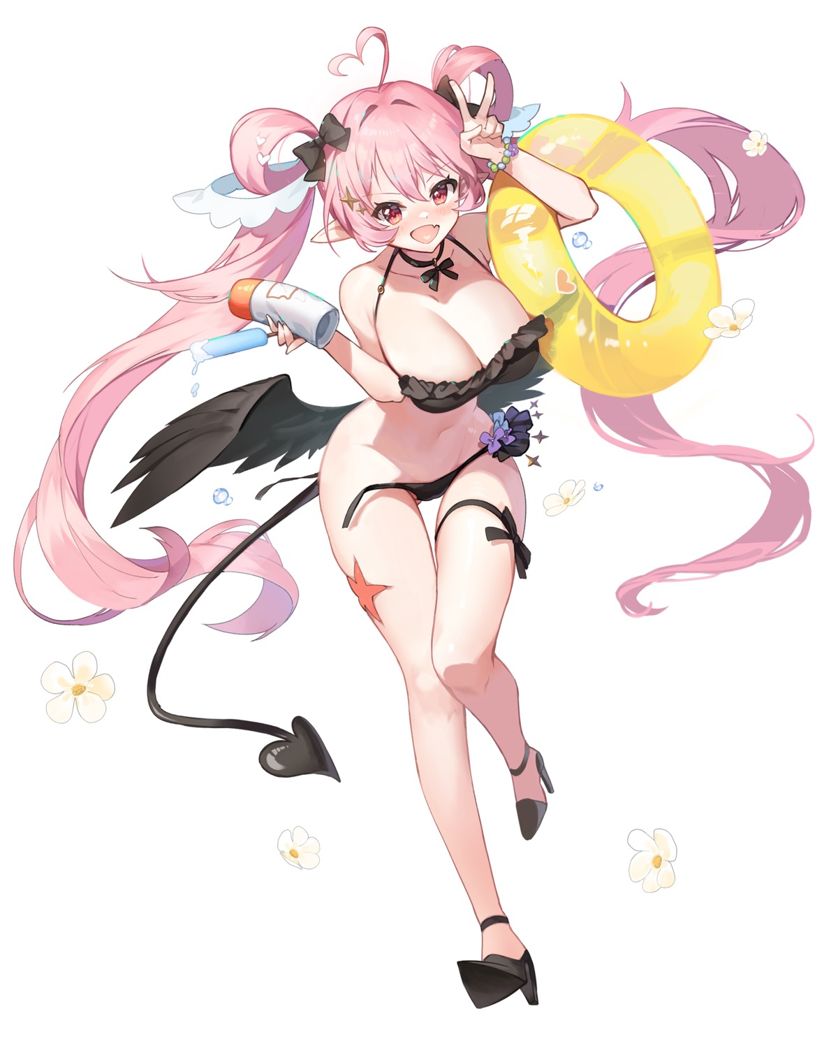 apple_caramel bikini garter heels pointy_ears swimsuits tail wardrobe_malfunction wings