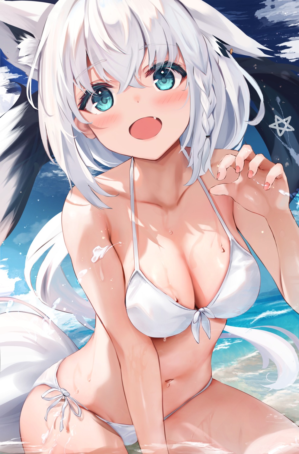 animal_ears bikini hololive hololive_gamers kitsune shirakami_fubuki swimsuits tail uechin_ewokaku wet