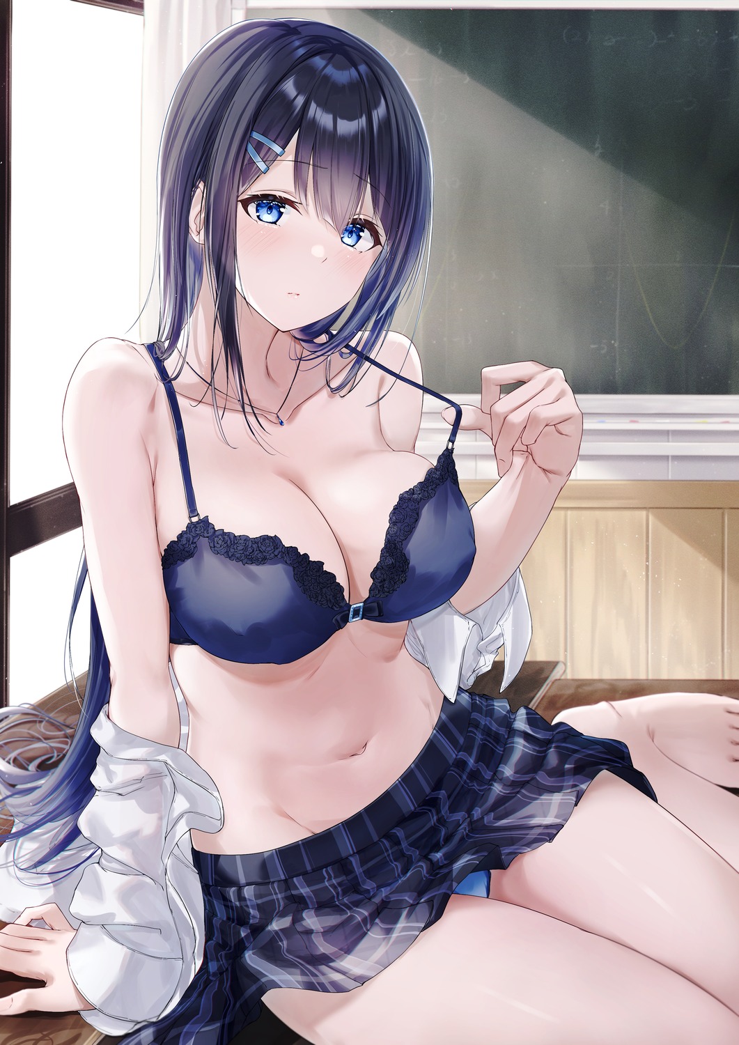 bra cleavage meen_(ouaughikepdvrsf) open_shirt pantsu seifuku skirt_lift undressing