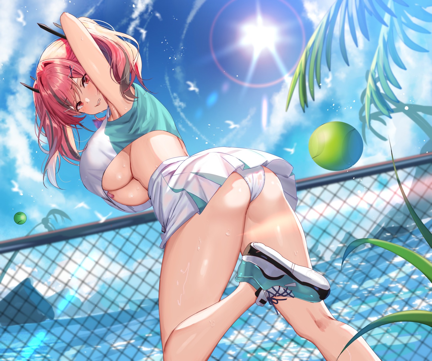 ass azur_lane breasts bremerton_(azur_lane) no_bra pantsu pasties see_through shanguier skirt_lift tennis thong underboob wet wet_clothes