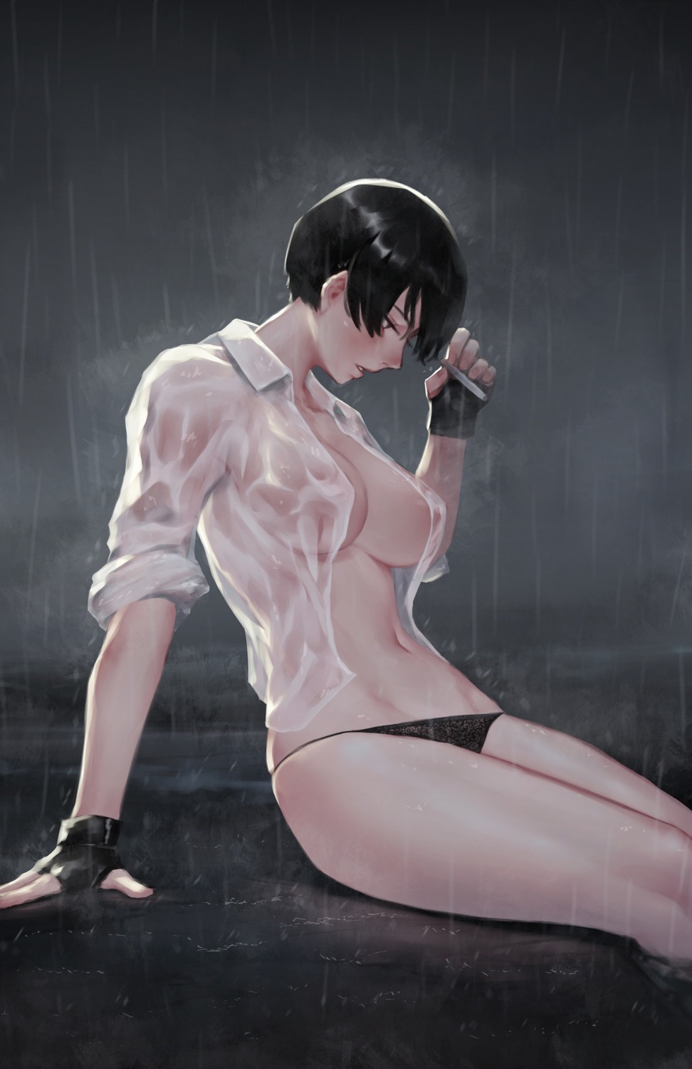 bluecup dress_shirt no_bra open_shirt pantsu see_through wet wet_clothes