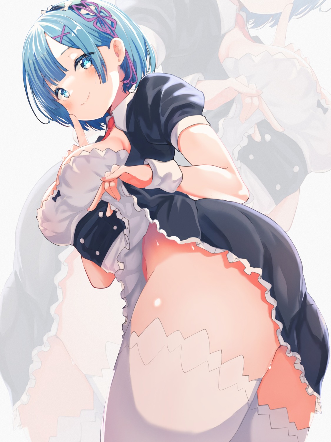 ass barto_(egec3255) maid nopan re_zero_kara_hajimeru_isekai_seikatsu rem_(re_zero) skirt_lift thighhighs