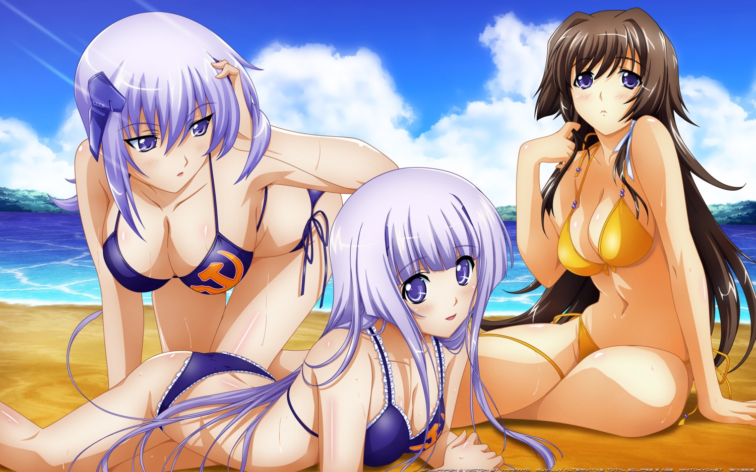 bikini cleavage cryska_barchenowa inia_sestina miyata_ao muvluv muvluv_alternative swimsuits takamura_yui total_eclipse vector_trace wallpaper watermark