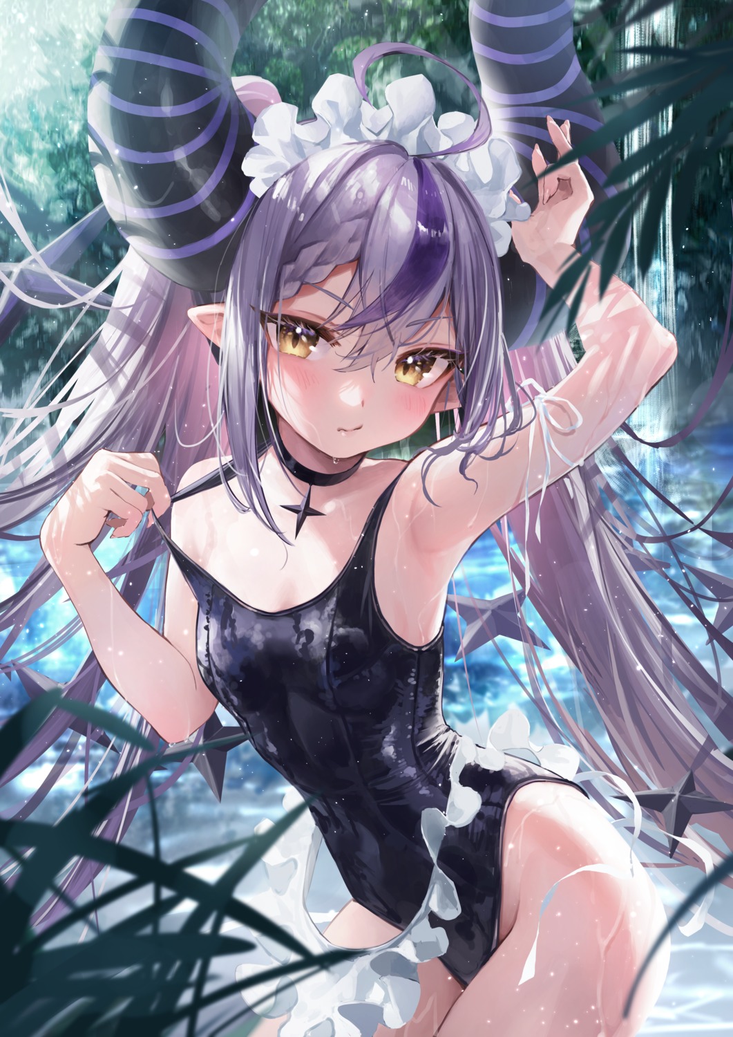 hololive horns la+_darknesss maid misekiss pointy_ears school_swimsuit swimsuits tail undressing wet