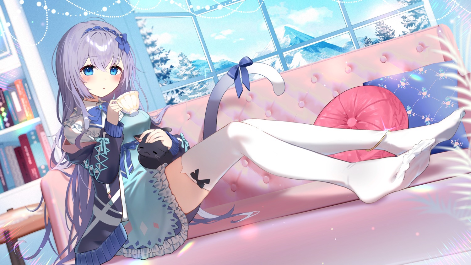 azna dress feet indie_virtual_youtuber neko nekozuki_mio sweater tail thighhighs wallpaper