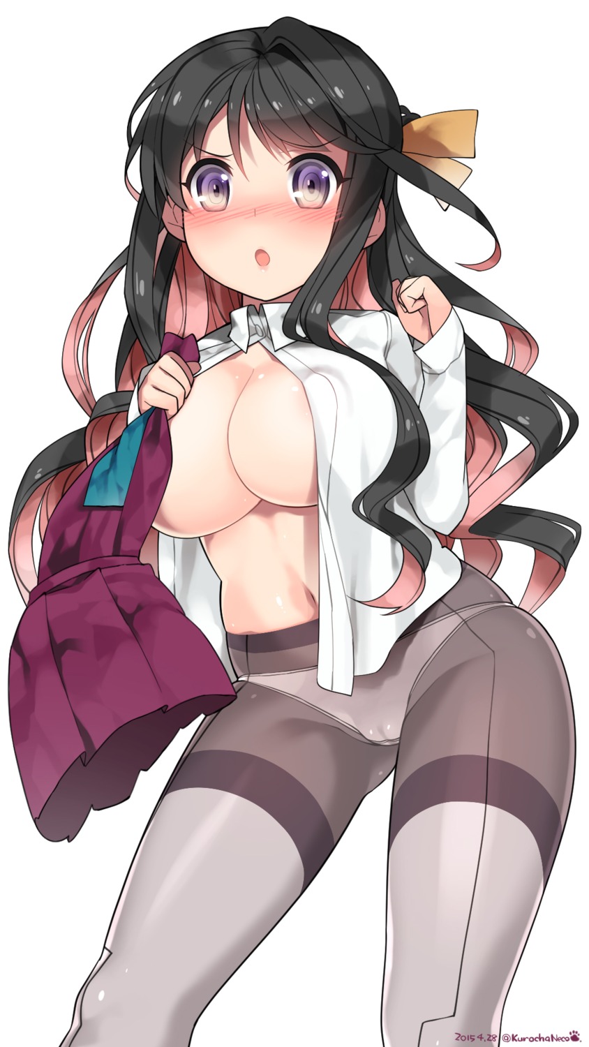 cameltoe cleavage erect_nipples kantai_collection kuro_chairo_no_neko naganami_(kancolle) no_bra open_shirt pantsu pantyhose undressing