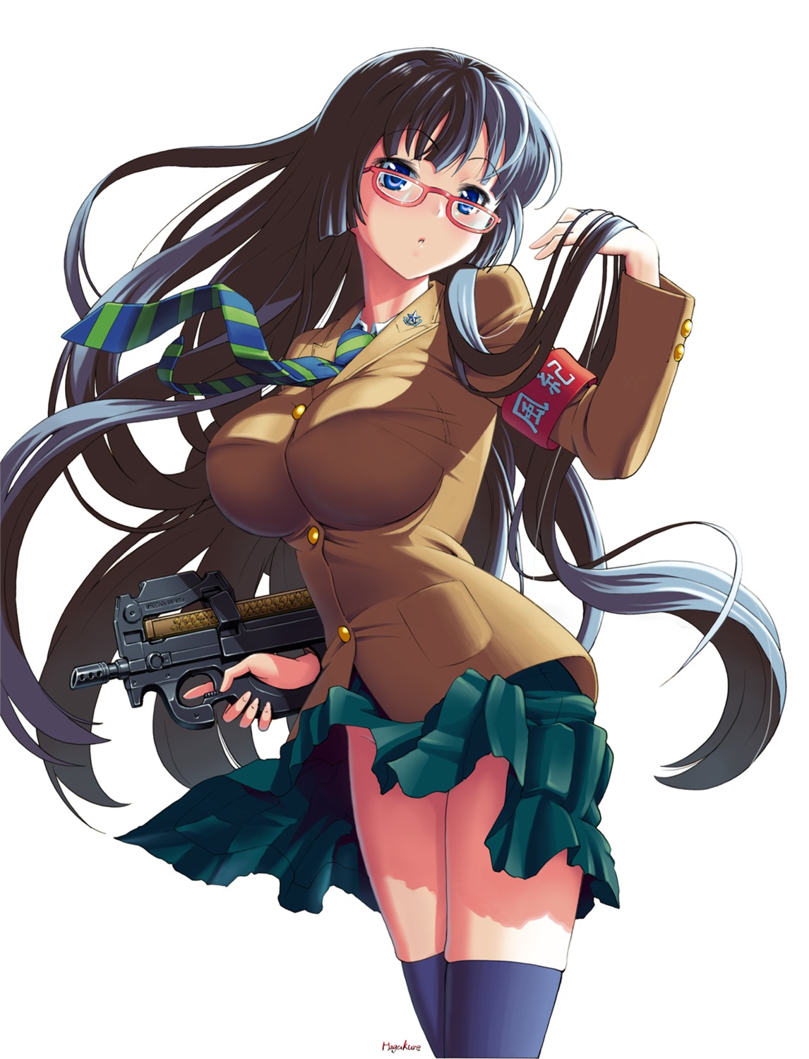 gun megane nopan number10_(hagakure) seifuku skirt_lift thighhighs