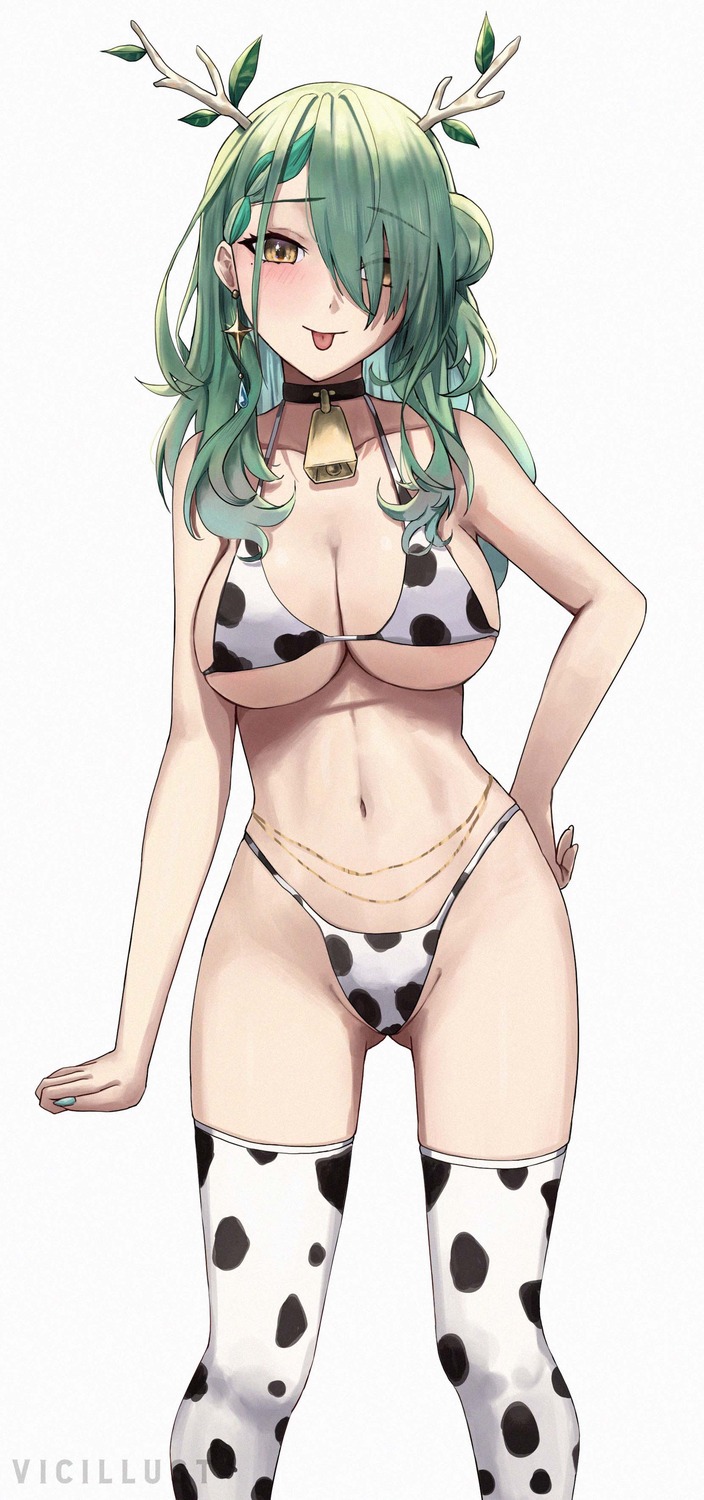 bikini ceres_fauna hololive hololive_english horns swimsuits thighhighs thong vicarious