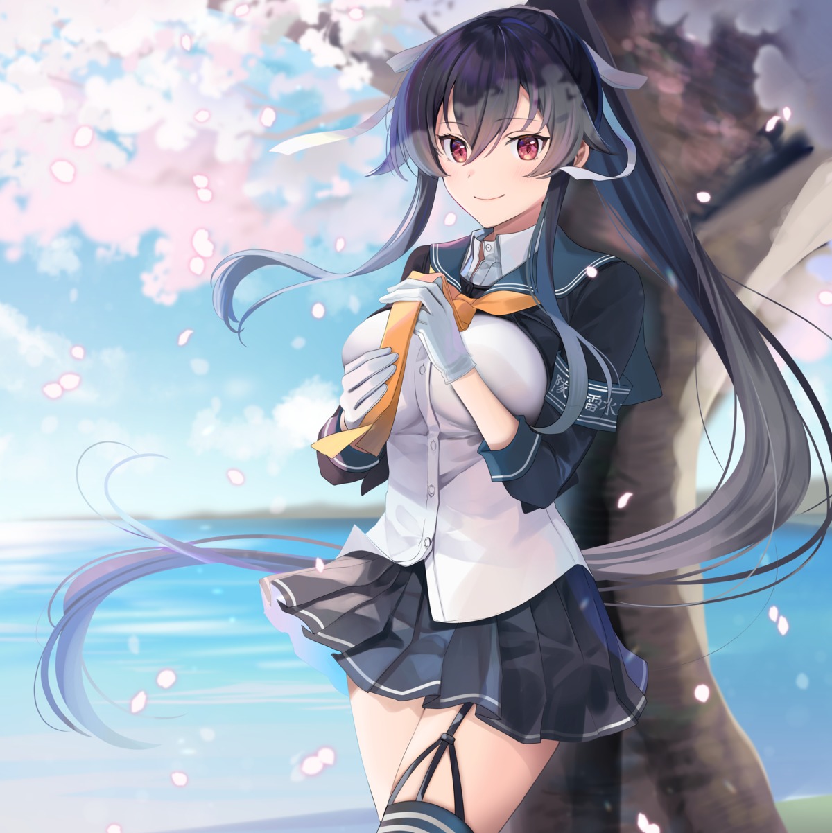 kantai_collection seifuku skirt_lift stockings thighhighs yahagi_(kancolle) yunamaro