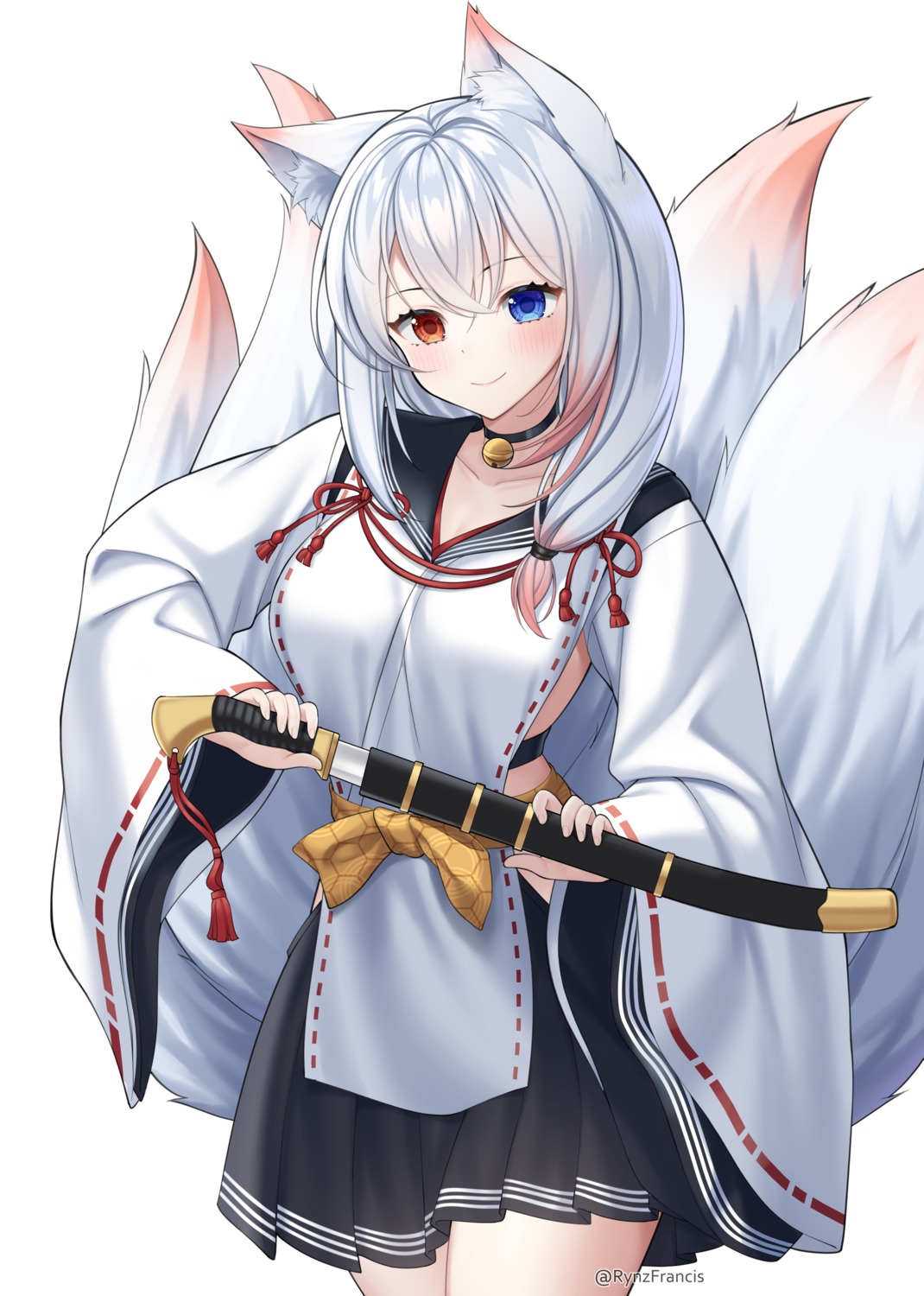 animal_ears heterochromia japanese_clothes kitsune rynzfrancis seifuku sword tail