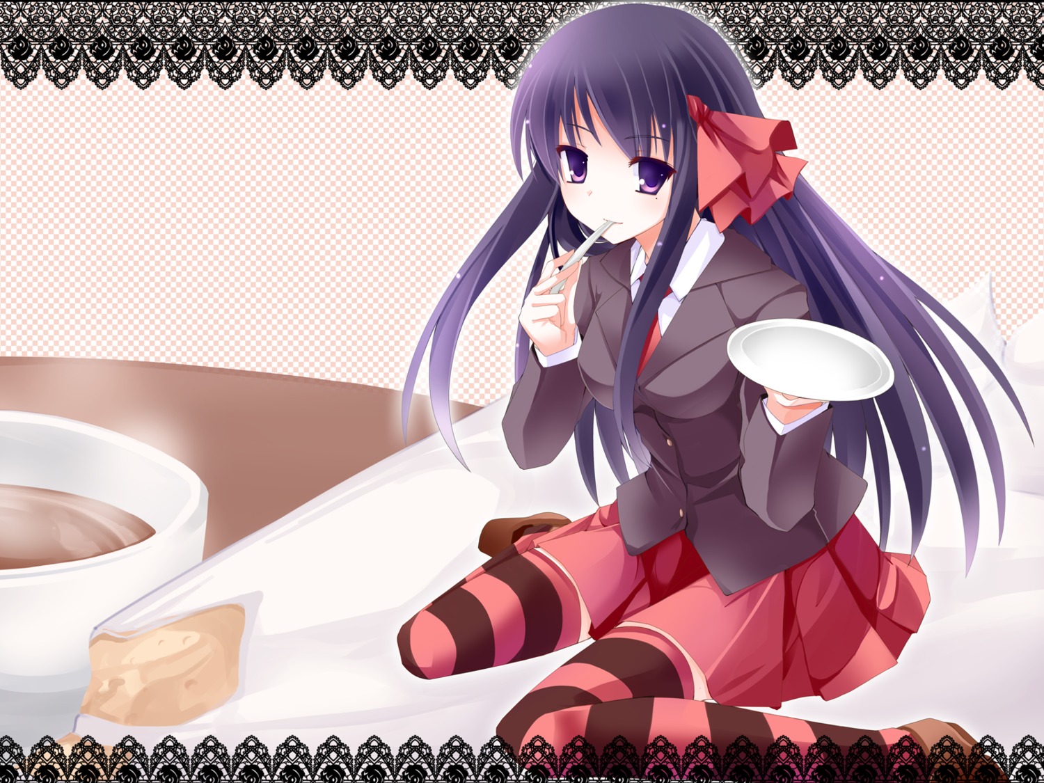 cafe_sourire cuffs mutou_kurihito seifuku thighhighs wallpaper yukishita_miyuri