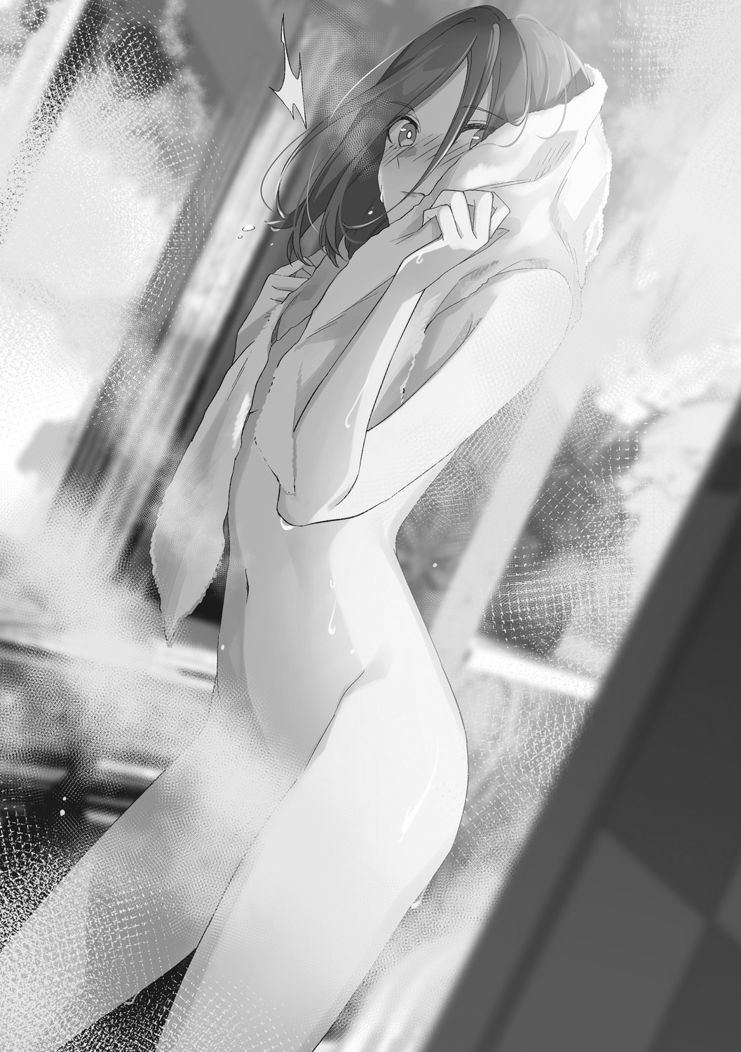 censored grete_(spy_kyoushitsu) monochrome naked spy_kyoushitsu tomari towel wet