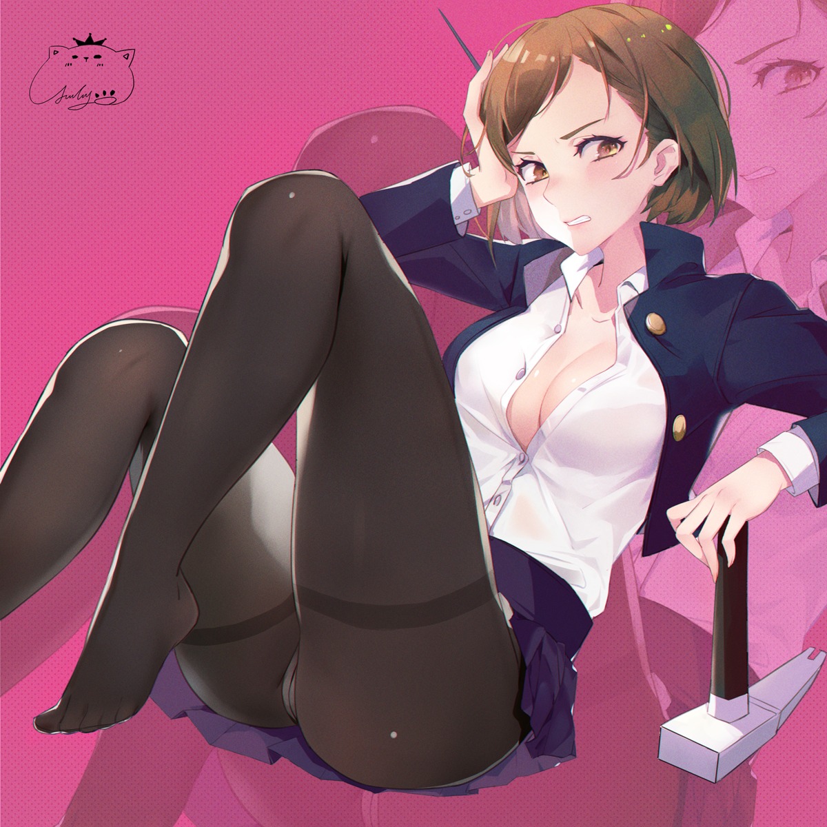 jiujiuyatou_(yayanzz) jujutsu_kaisen kugisaki_nobara no_bra open_shirt pantsu pantyhose seifuku skirt_lift