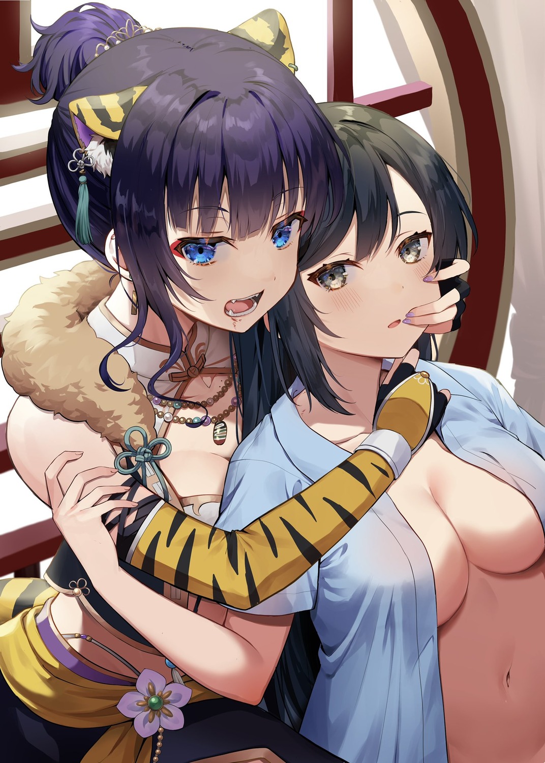 animal_ears asaka_karin asian_clothes blood cleavage love_live!_nijigasaki_high_school_idol_club mia_(fai1510) nekomimi no_bra open_shirt see_through seifuku tail yuri yuuki_setsuna