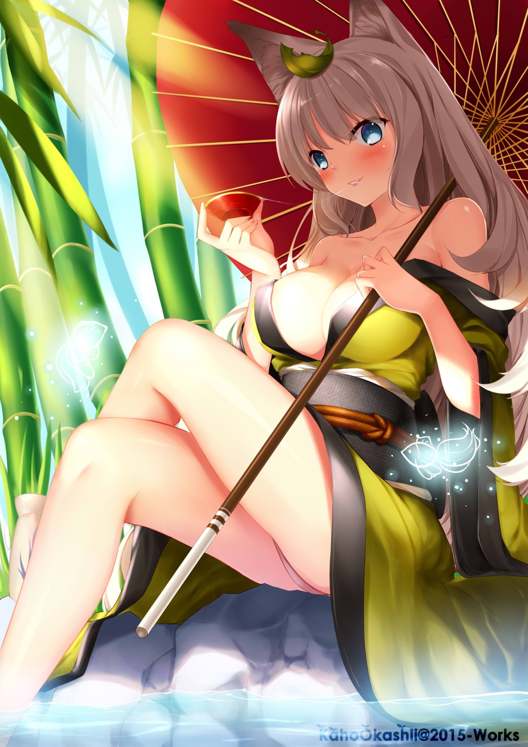 animal_ears cleavage kaho_okashii kimono kitsune no_bra oboro_muramasa official_watermark open_shirt pantsu sake umbrella wet yuzuruha