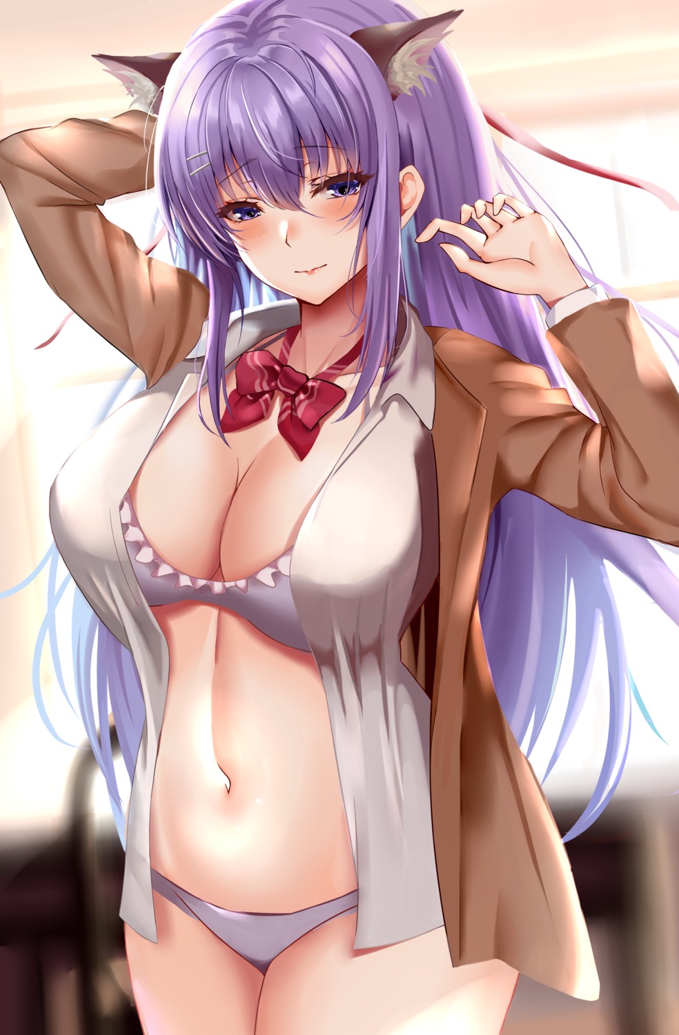 animal_ears bra cleavage kuro_(tbm9187) open_shirt pantsu seifuku