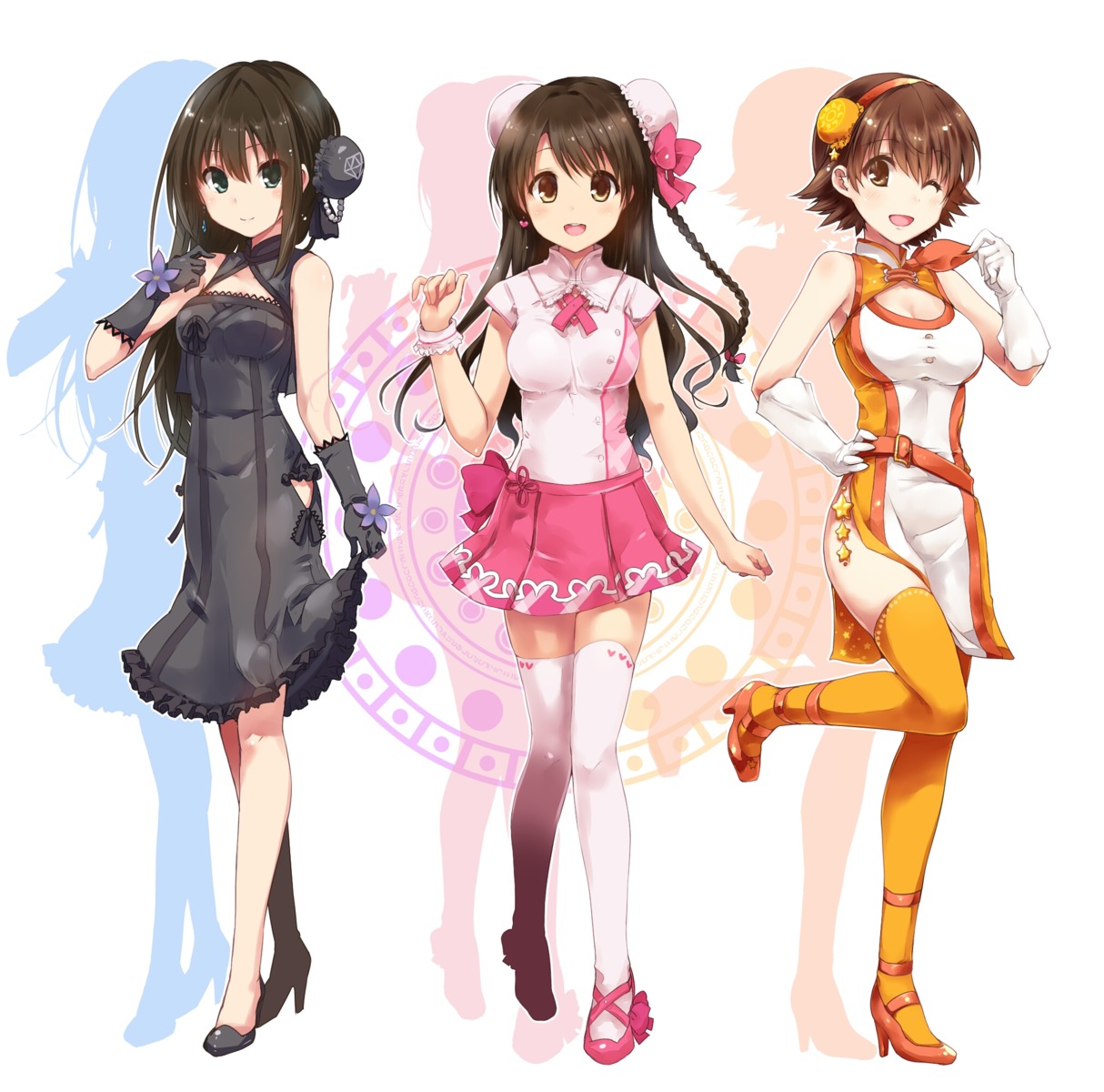 cleavage dress heels honda_mio paopao shibuya_rin shimamura_uzuki the_idolm@ster the_idolm@ster_cinderella_girls thighhighs