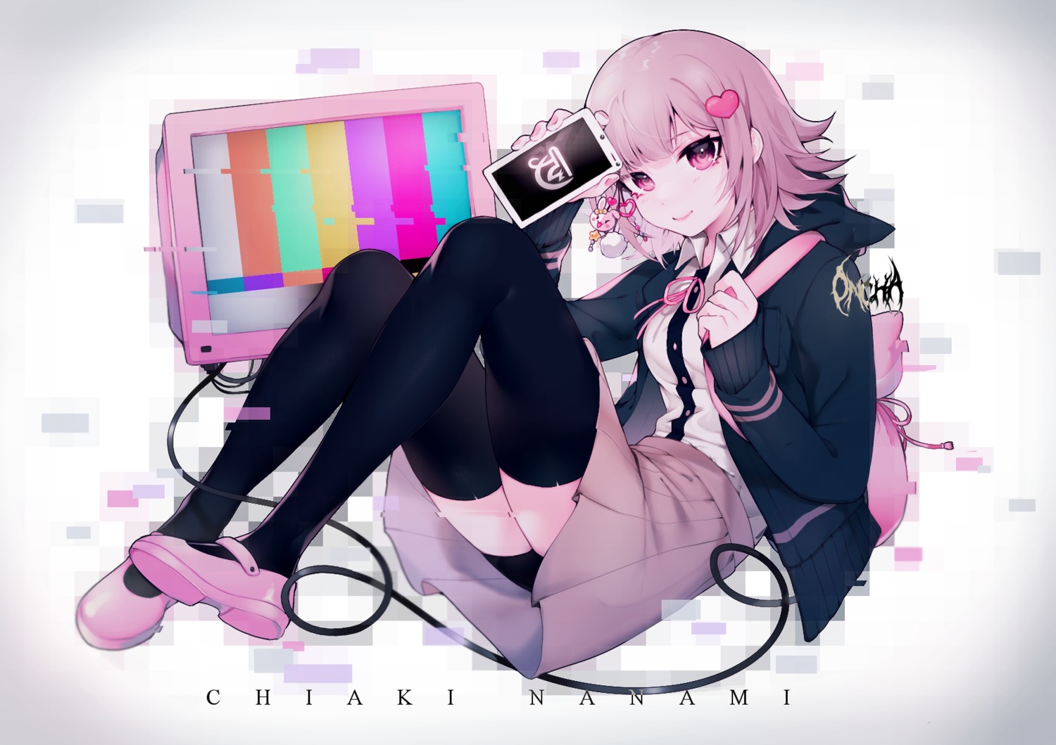 bike_shorts dangan-ronpa dangan-ronpa_2 mazamuno nanami_chiaki seifuku skirt_lift thighhighs