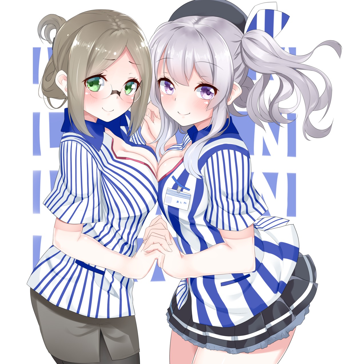 cleavage kantai_collection kashima_(kancolle) katori_(kancolle) lawson megane nebusoku pantyhose symmetrical_docking uniform