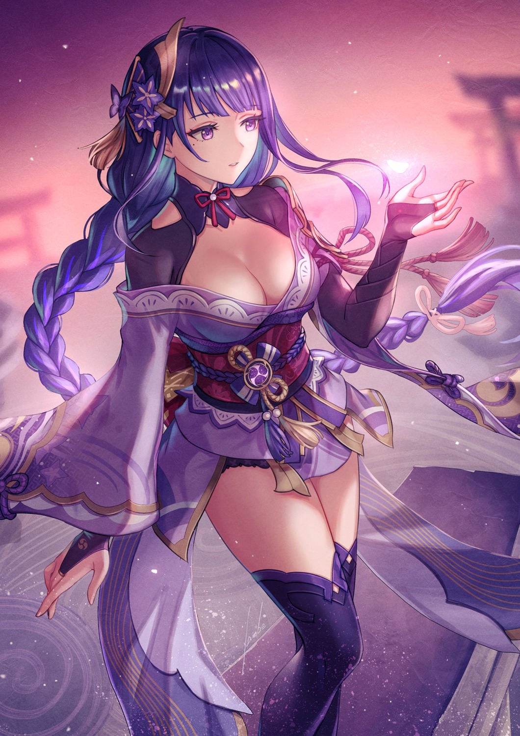 anbe_yoshirou armor genshin_impact japanese_clothes no_bra open_shirt raiden_shogun thighhighs