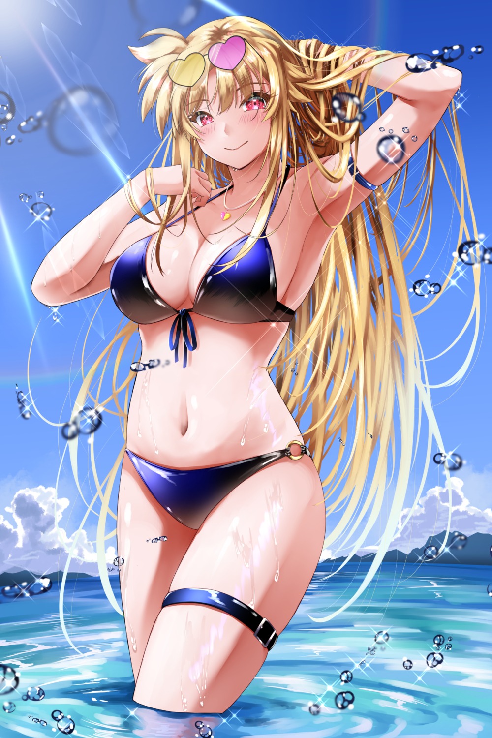 bikini fate_testarossa garter mahou_shoujo_lyrical_nanoha megane sougetsu_izuki swimsuits wet