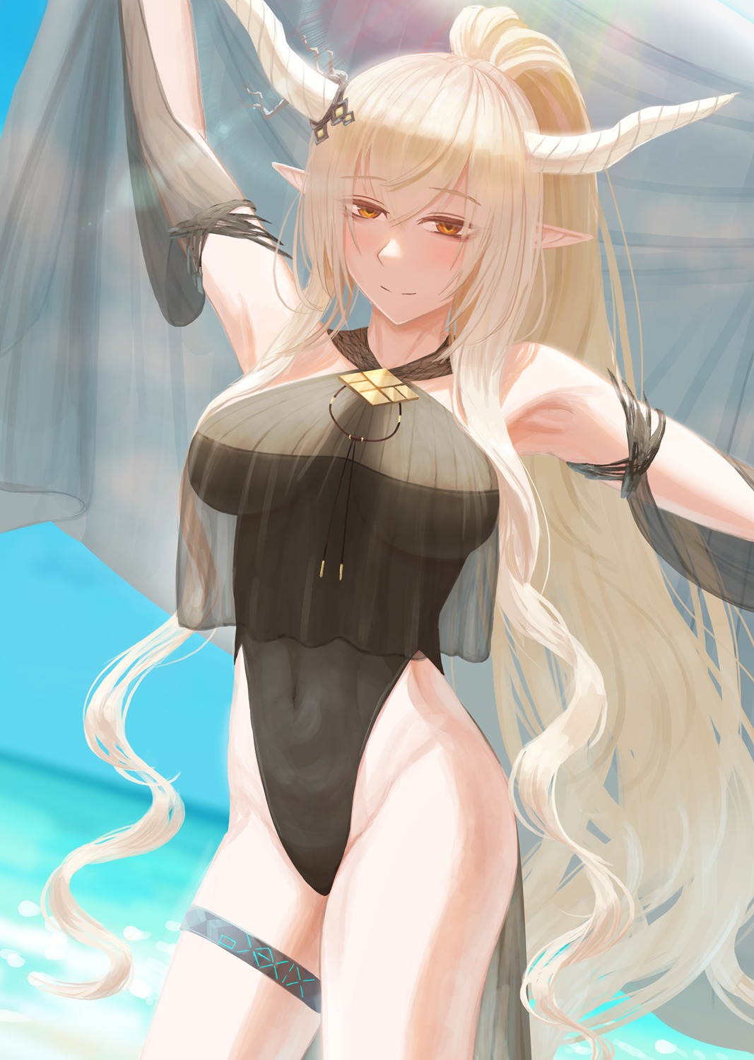 arknights garter gino horns pointy_ears see_through shining_(arknights) swimsuits