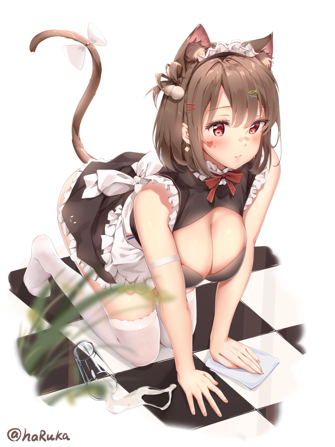 animal_ears bandaid cum haruka_poi maid nekomimi no_bra skirt_lift tail thighhighs