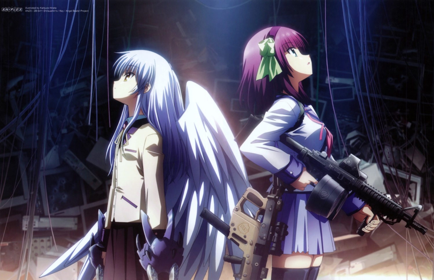 angel_beats! fixed gun hirata_katsuzou nakamura_yuri overfiltered seifuku tachibana_kanade thighhighs wings