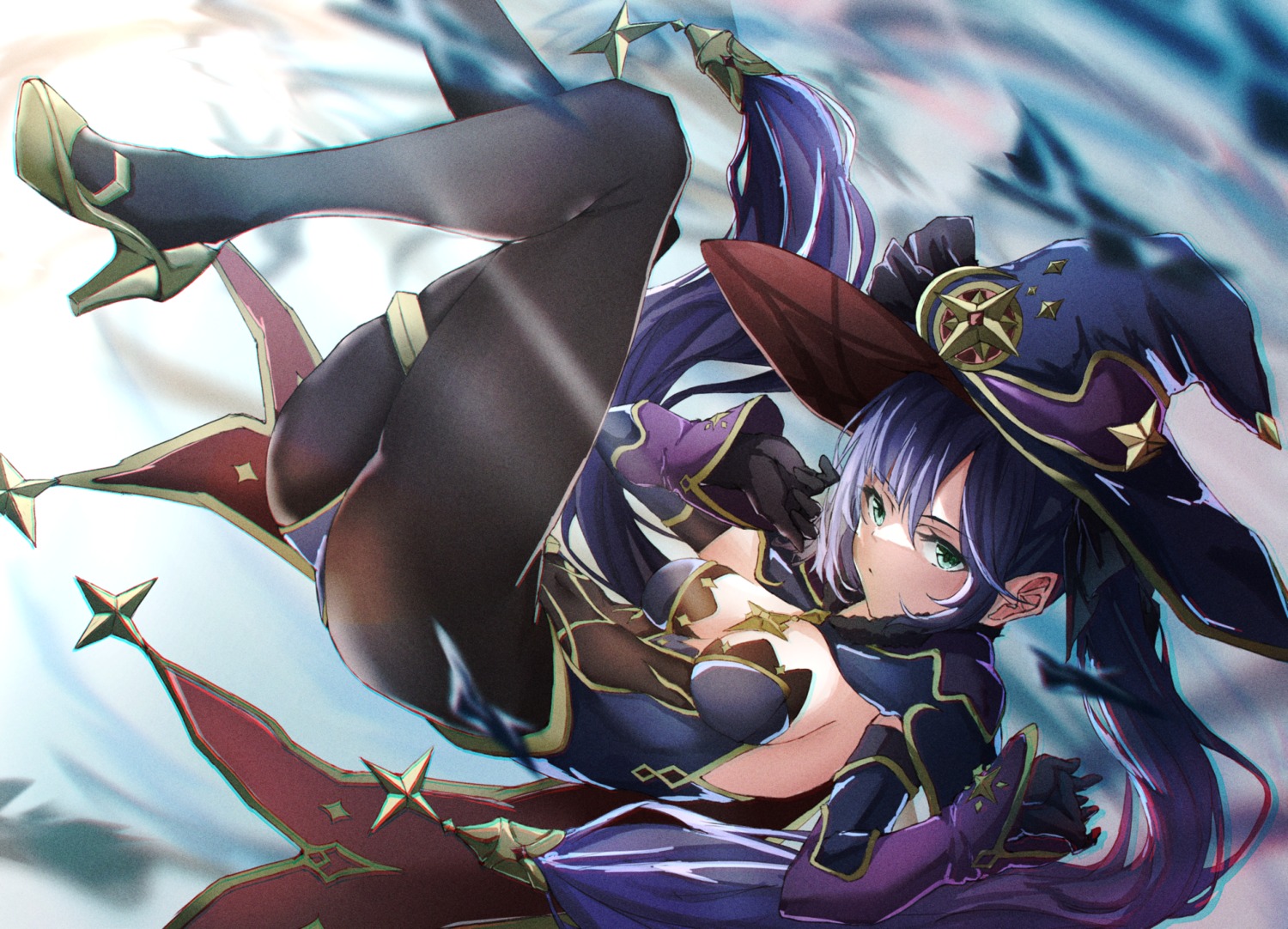 aleth ass garter genshin_impact heels leotard mona_megistus no_bra pantyhose witch