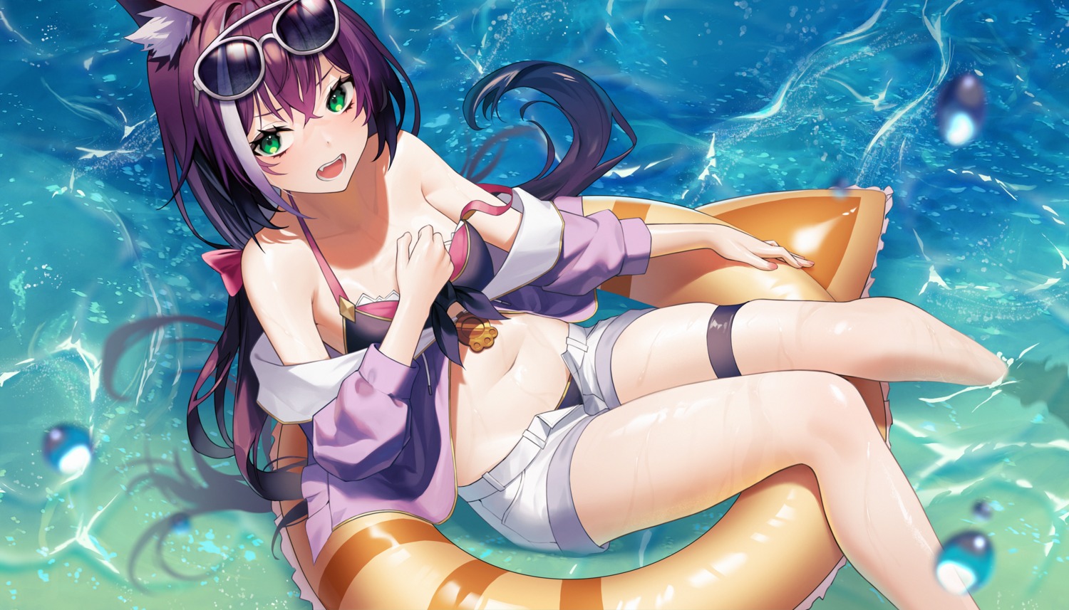 animal_ears aya_(lezon) bikini garter karyl_(princess_connect) megane nekomimi open_shirt princess_connect! princess_connect!_re:dive swimsuits wet