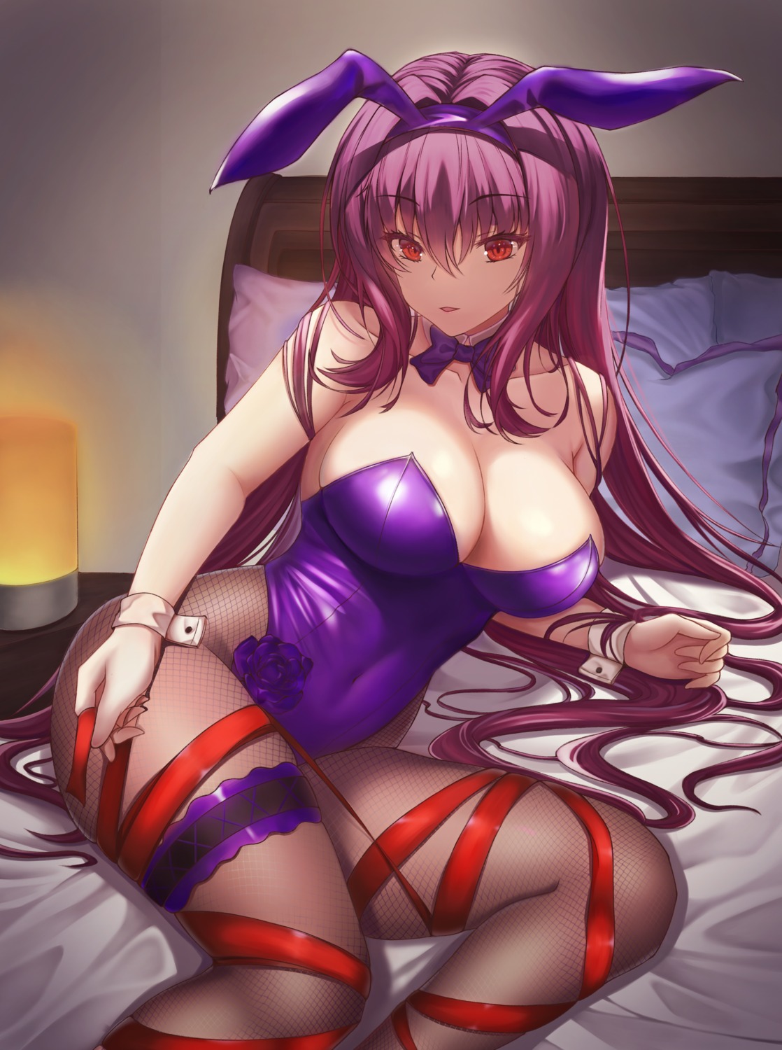 $hu animal_ears bunny_ears bunny_girl fate/grand_order fishnets garter no_bra pantyhose scathach_(fate/grand_order)