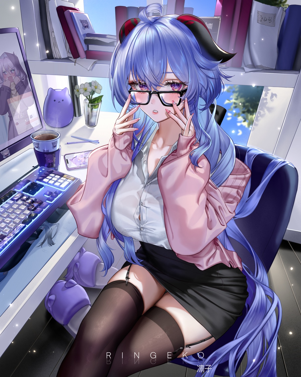 dress_shirt ganyu genshin_impact horns megane ringeko-chan see_through stockings sweater thighhighs