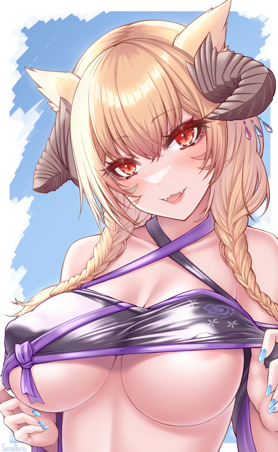 akamaru animal_ears bikini_top erect_nipples final_fantasy final_fantasy_xiv horns miqo'te swimsuits underboob undressing