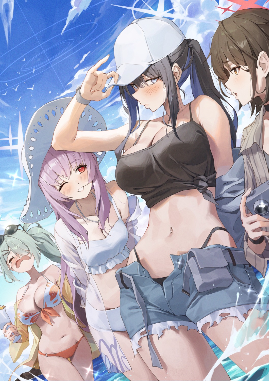 bikini blue_archive hakari_atsuko halo imashino_misaki joumae_saori megane netural open_shirt see_through swimsuits torn_clothes tsuchinaga_hiyori wet