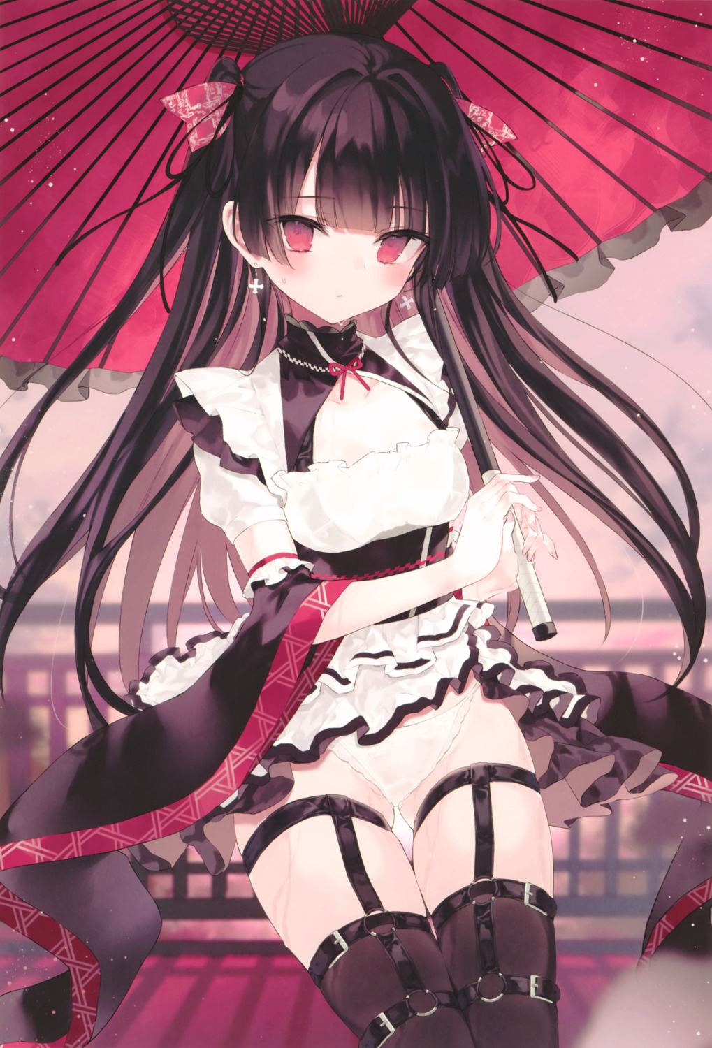 garter lolita_fashion nana_(luna_berry) pantsu skirt_lift stockings thighhighs umbrella wa_lolita