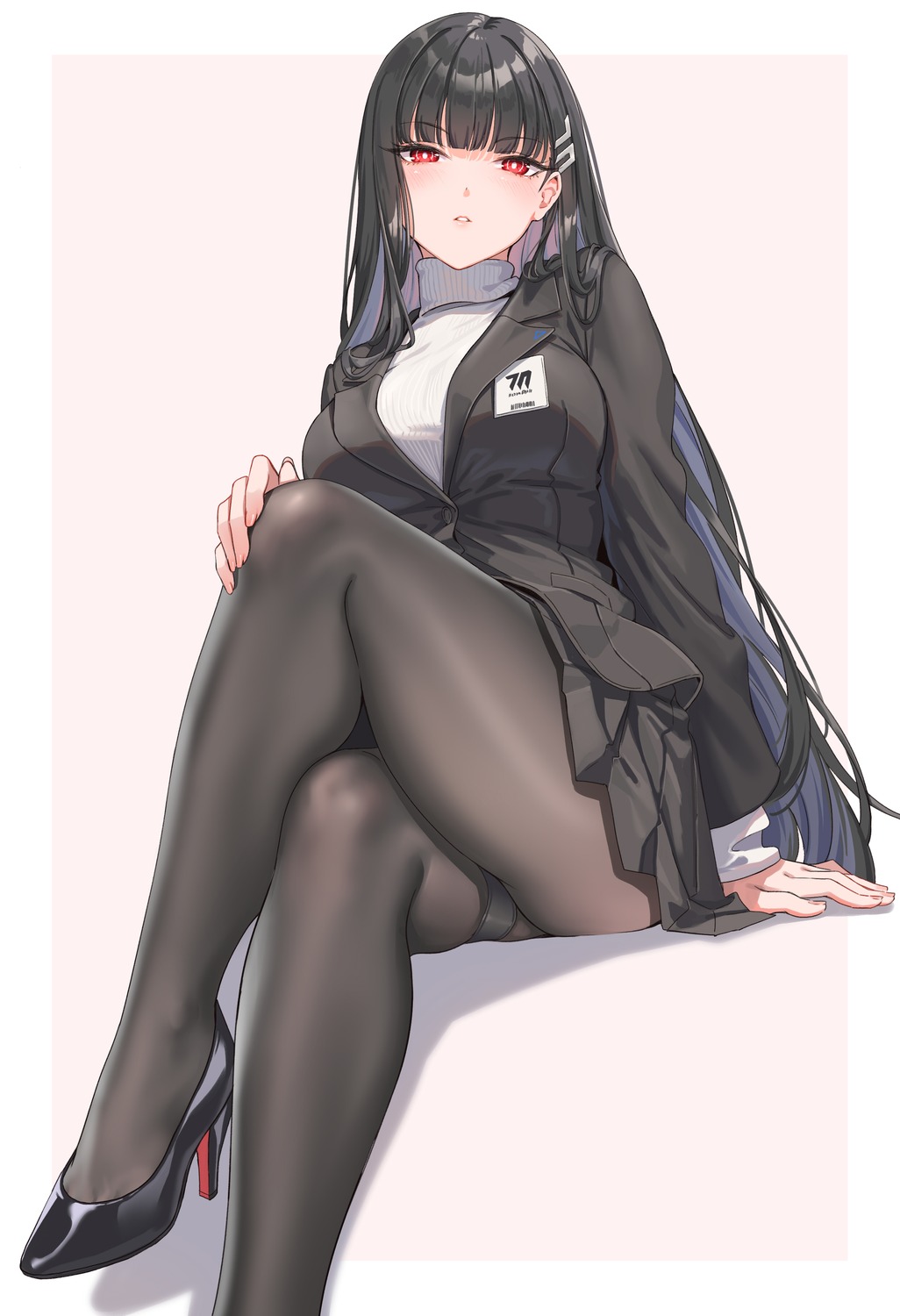 blue_archive business_suit fangxiang_cuoluan garter heels pantyhose skirt_lift sweater tsukatsuki_rio