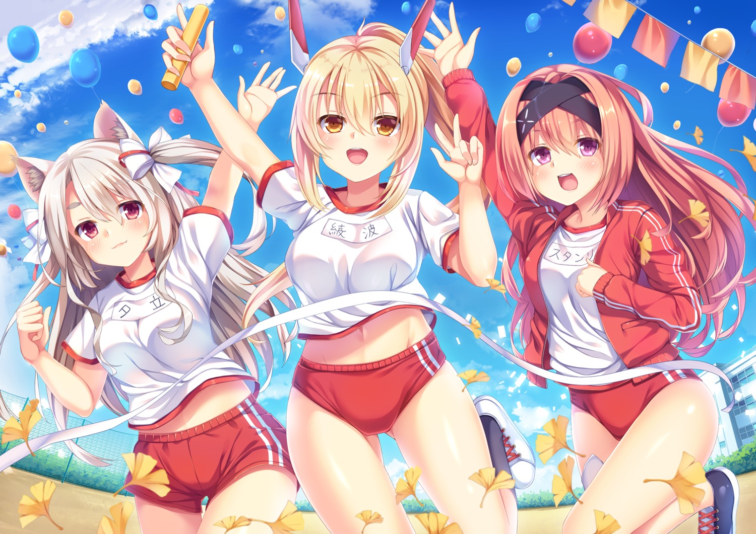 animal_ears ayanami_(azur_lane) azur_lane buruma gym_uniform shirt_lift stanly_(azur_lane) umitonakai yuudachi_(azur_lane)