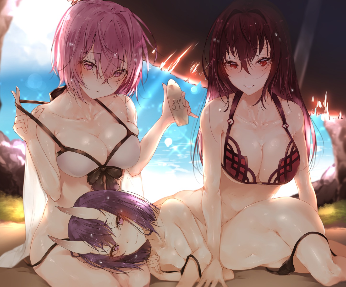bikini cleavage fate/grand_order horns hplay mash_kyrielight panty_pull scathach_(fate/grand_order) shuten_douji_(fate/grand_order) swimsuits undressing wet