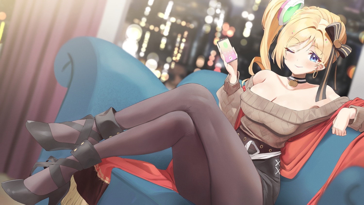 aki_rosenthal cleavage electriccross heels hololive no_bra pantyhose skirt_lift sweater