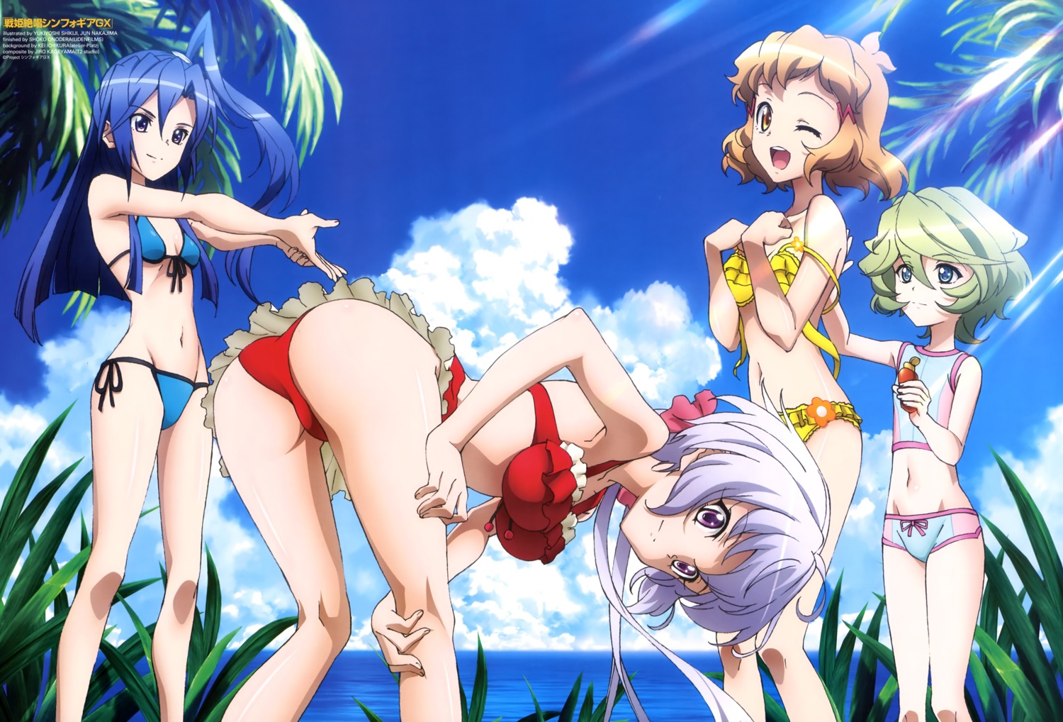 ass bikini cleavage elfnein kazanari_tsubasa senki_zesshou_symphogear senki_zesshou_symphogear_gx shikiji_yukiyoshi swimsuits tachibana_hibiki yukine_chris