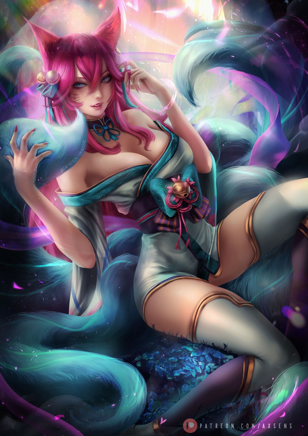 ahri animal_ears axsens cleavage japanese_clothes kitsune league_of_legends no_bra skirt_lift tail thighhighs