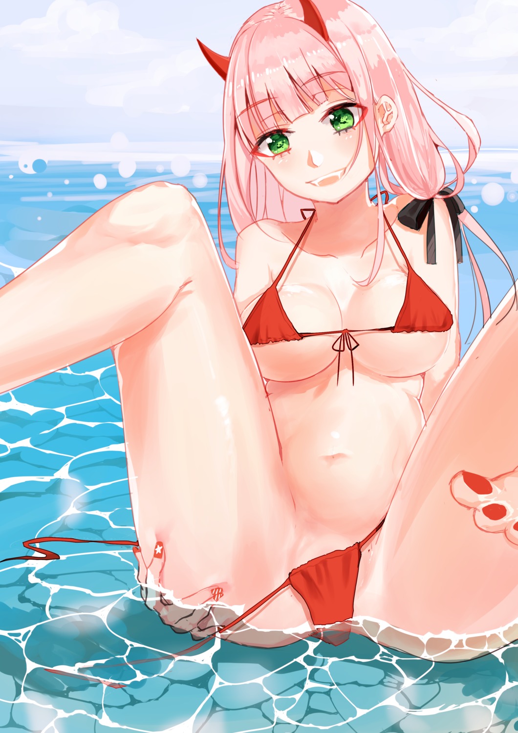 ass_grab bikini darling_in_the_franxx feet horns panty_pull swimsuits wet xiaying zero_two_(darling_in_the_franxx)