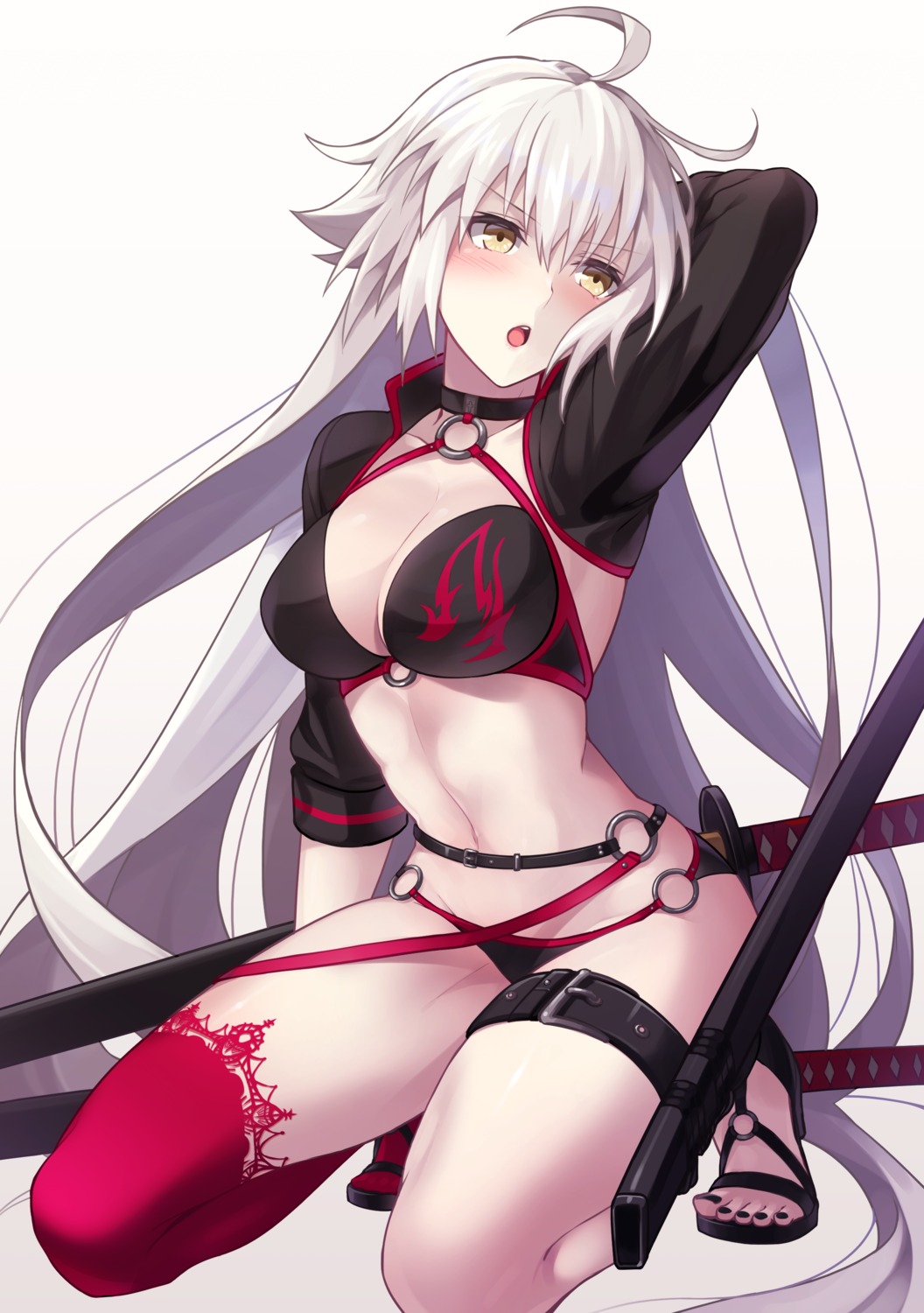 bikini cleavage fate/grand_order garter heels jeanne_d'arc jeanne_d'arc_(alter)_(fate) swimsuits sword thighhighs toujou_masateru