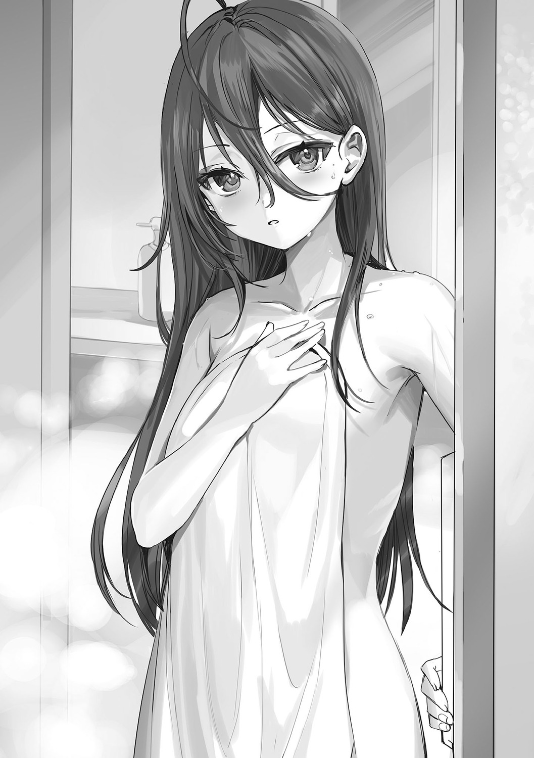 kimishima_ayano momoko_(momopoco) monochrome naked tokidoki_bosotto_roshia-go_de_dereru_tonari_no_alya-san towel