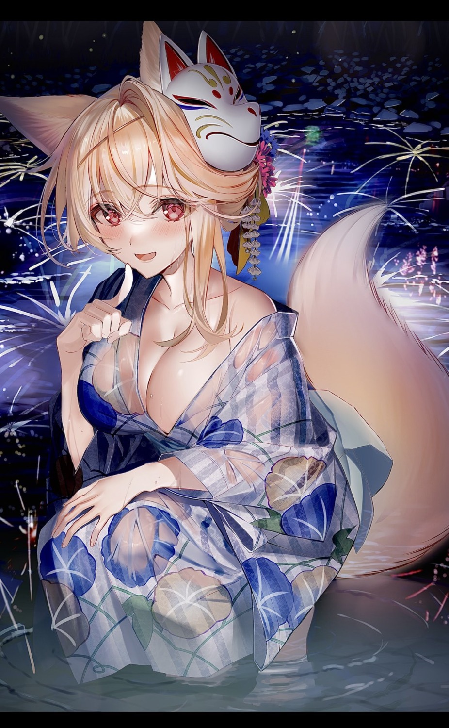 animal_ears kawachi_rin kitsune no_bra open_shirt see_through tail wardrobe_malfunction wet wet_clothes yukata