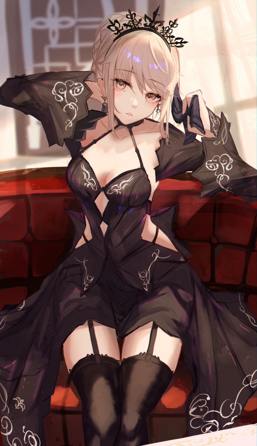 dress fate/grand_order no_bra panipo saber saber_alter stockings thighhighs